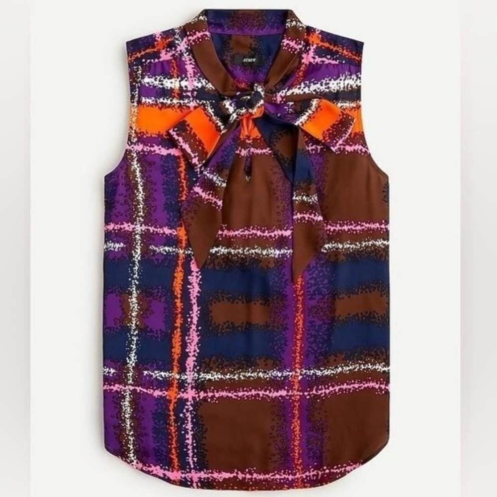 J. Crew Brown Sleeveless Bow Tie Plaid Blouse with Purple, Orange and Navy